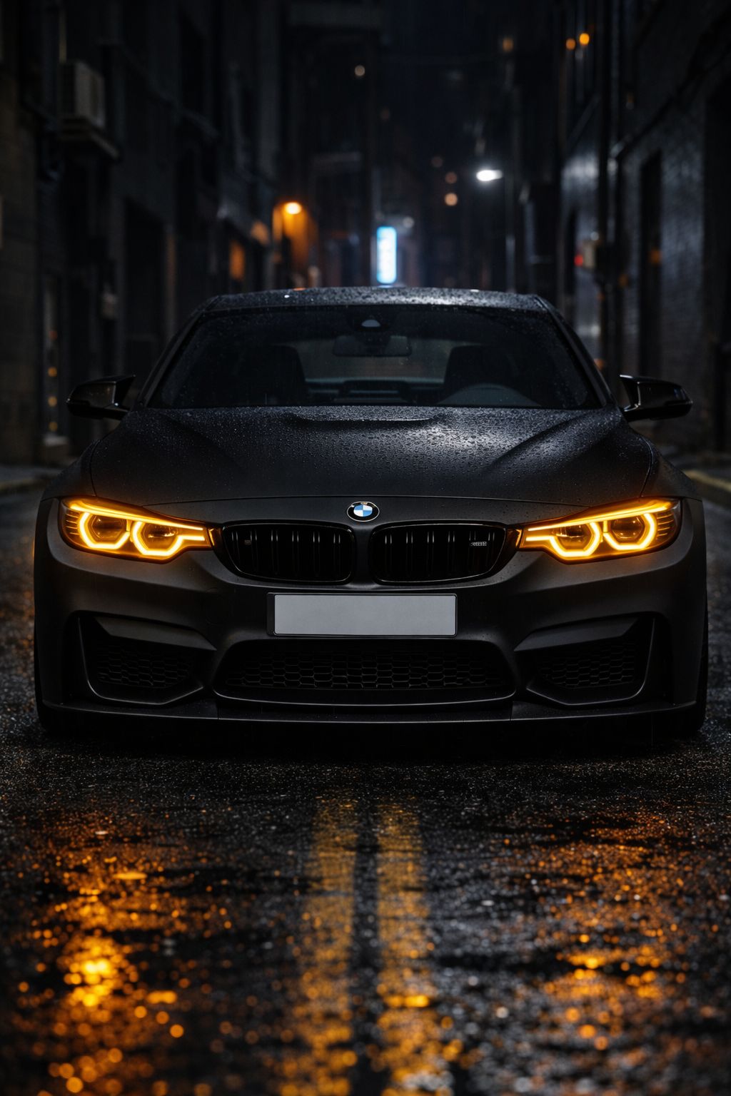 Black BMW with orange headlights